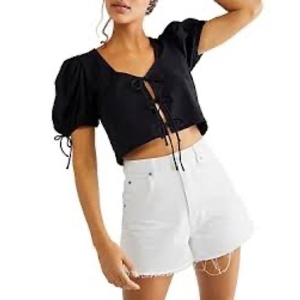 Free People Black Tie Front Puff Sleeve Crop Top Size S